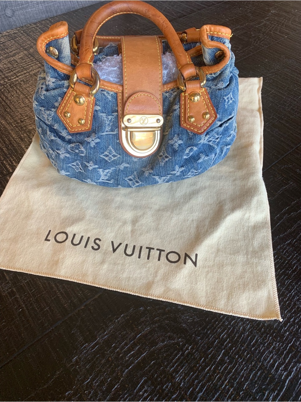 RARE Vintage Louis Vuitton Denim Monogram Satchel with Tan Leather Trim
